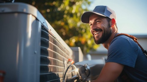 A Male electrician giving a thumbs up Air conditioner repairman working from home